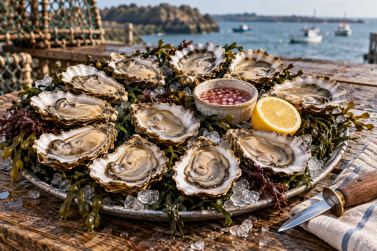 Huîtres plates ouvertes sur un plateau avec citron et vinaigre à l'échalote sur une table en bois