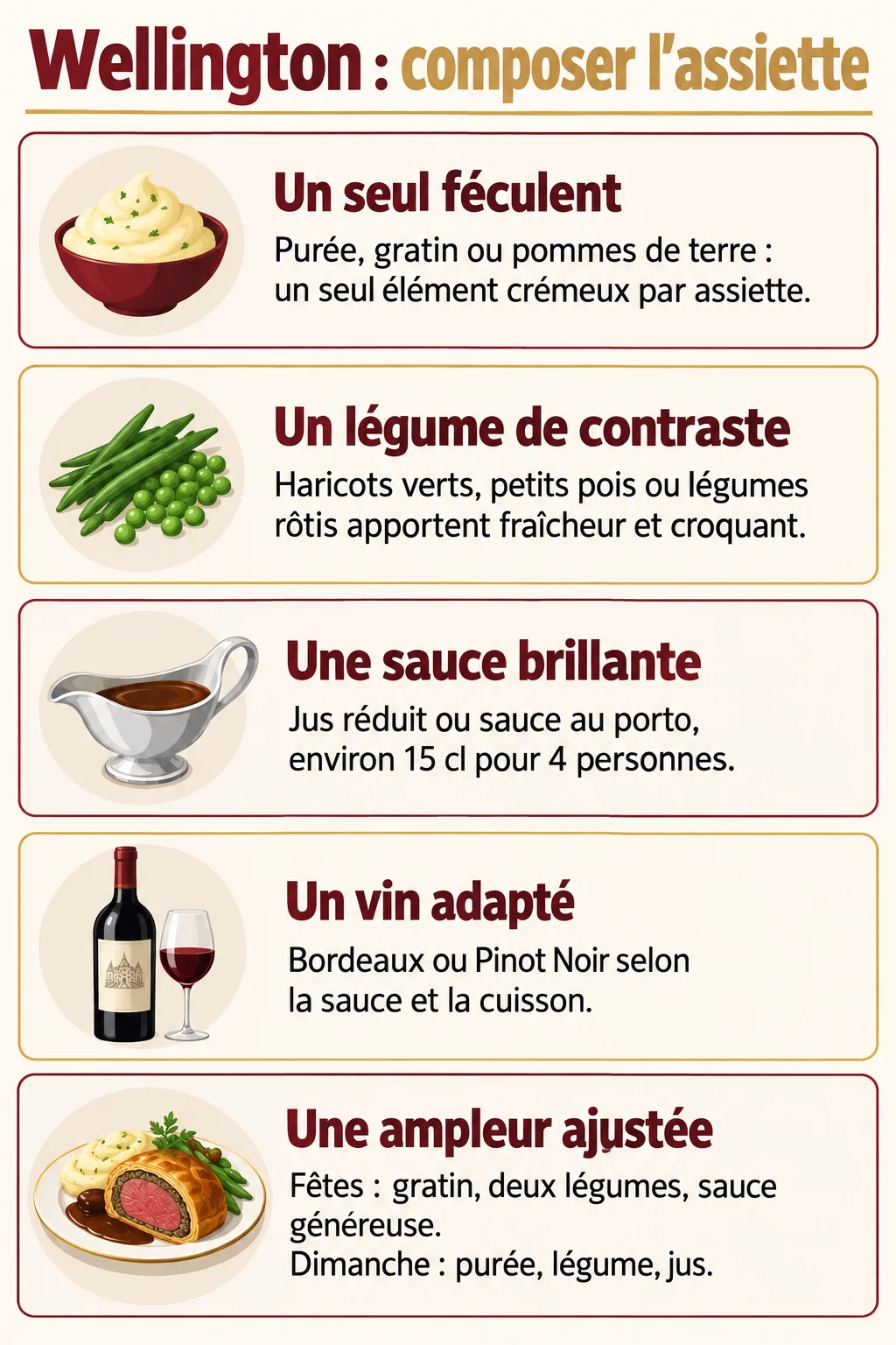 Wellington : composer l'assiette : Un seul féculent, Un légume de contraste, Une sauce brillante, Un vin adapté, Une ampleur ajustée