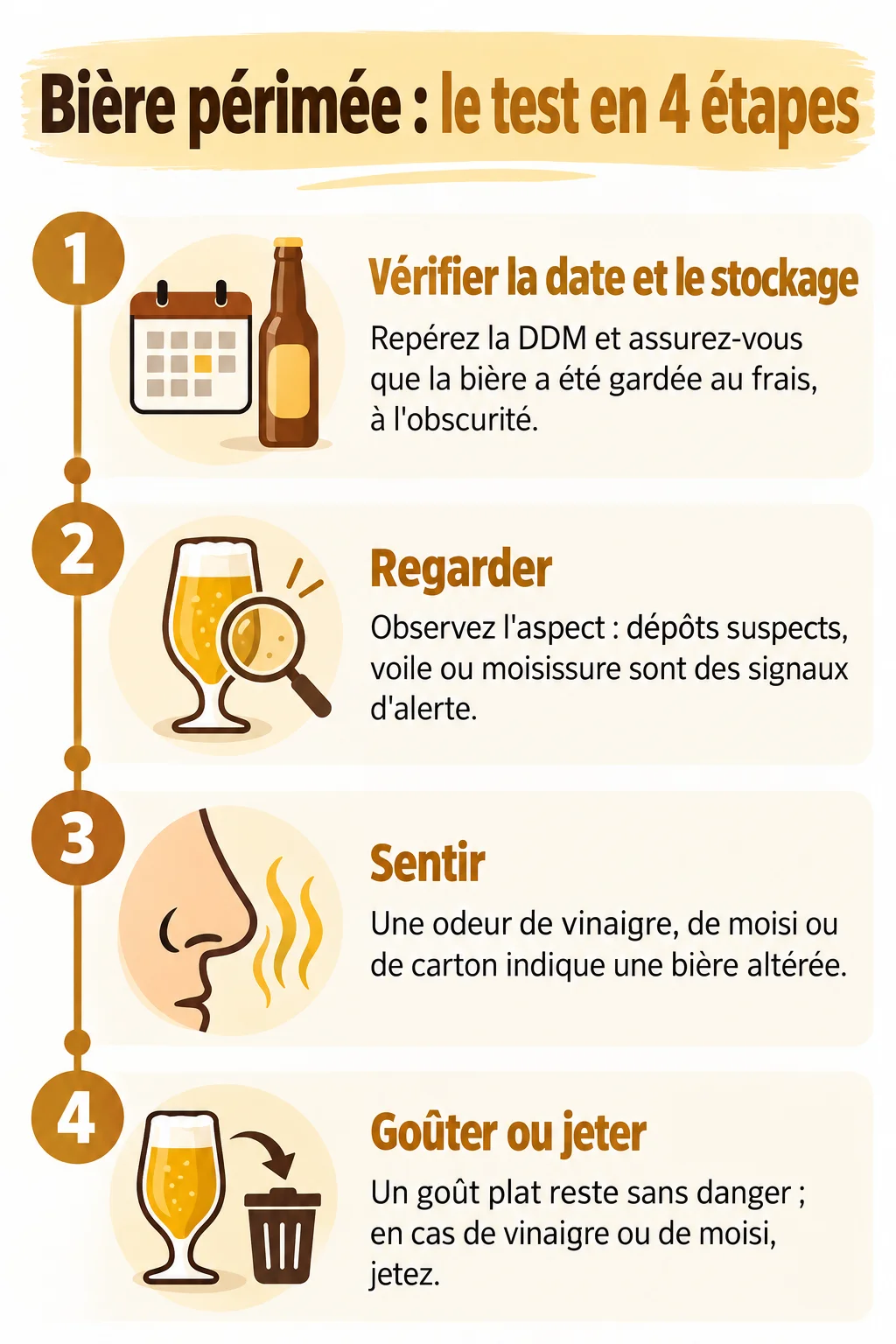 Bière périmée : le test en 4 étapes : 1. Vérifier la date et le stockage, 2. Regarder, 3. Sentir, 4. Goûter ou jeter