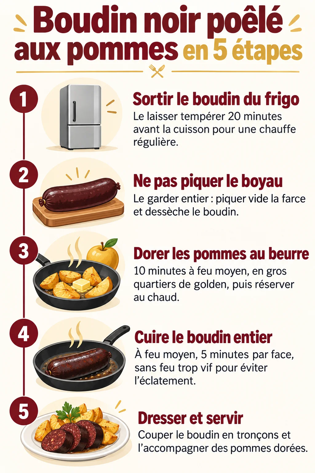 Boudin noir poêlé aux pommes en 5 étapes : 1. Sortir le boudin du frigo, 2. Ne pas piquer le boyau, 3. Dorer les pommes au beurre, 4. Cuire le boudin entier, 5. Dresser et servir