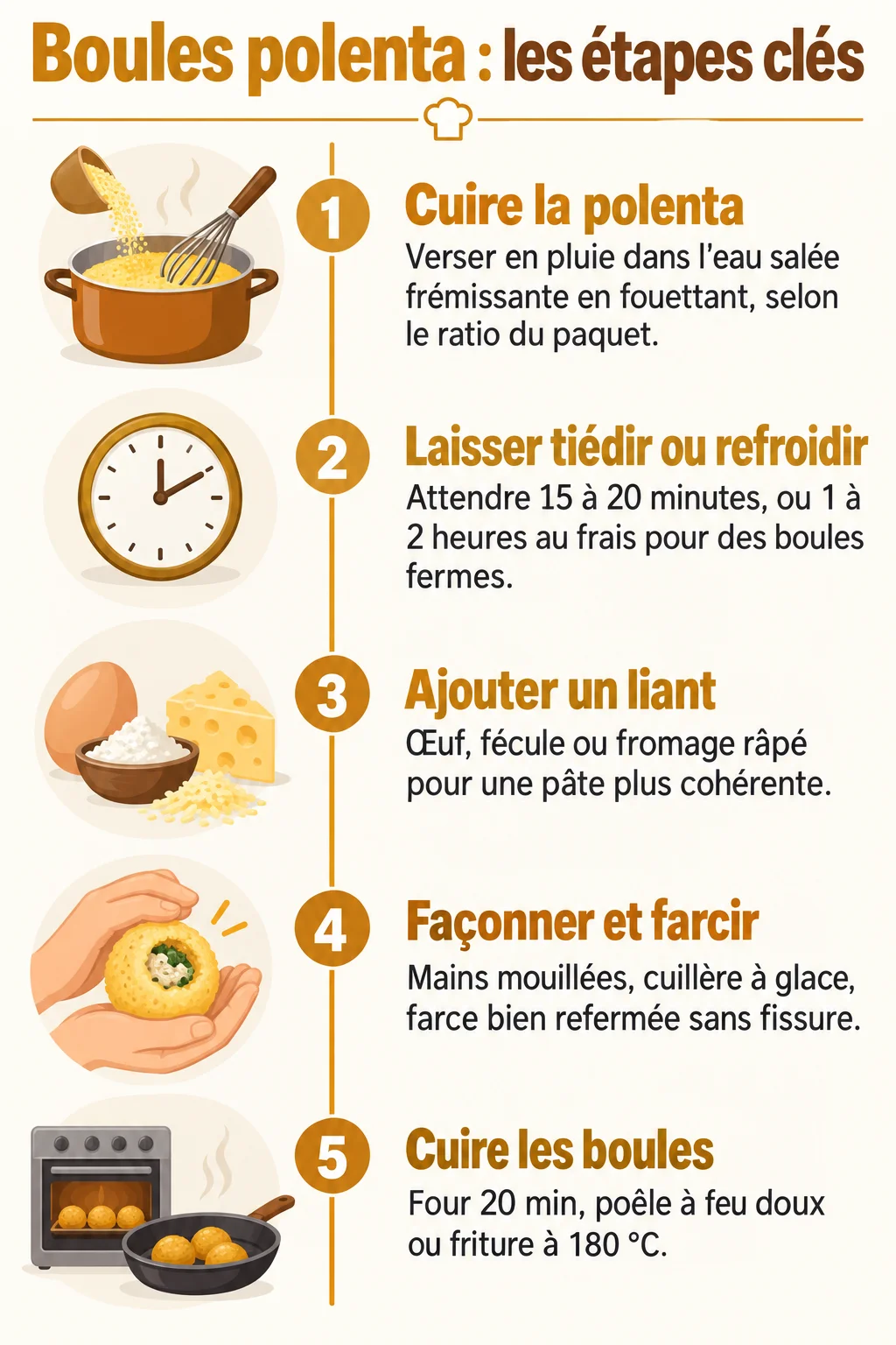 Boules polenta : les étapes clés : 1. Cuire la polenta, 2. Laisser tiédir ou refroidir, 3. Ajouter un liant, 4. Façonner et farcir, 5. Cuire les boules