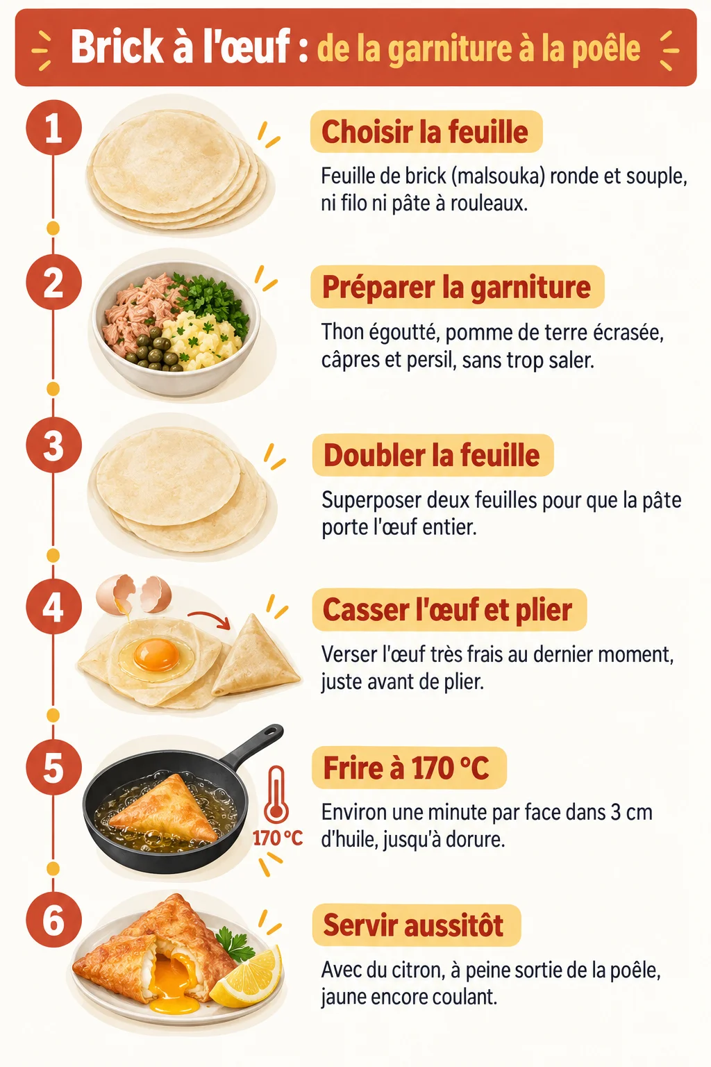 Brick à l'œuf : de la garniture à la poêle : 1. Choisir la feuille, 2. Préparer la garniture, 3. Doubler la feuille, 4. Casser l'œuf et plier, 5. Frire à 170 °C, 6. Servir aussitôt