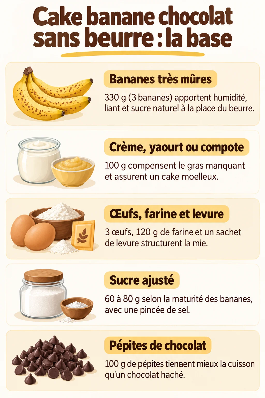 Cake banane chocolat sans beurre : la base : Bananes très mûres, Crème, yaourt ou compote, Œufs, farine et levure, Sucre ajusté, Pépites de chocolat