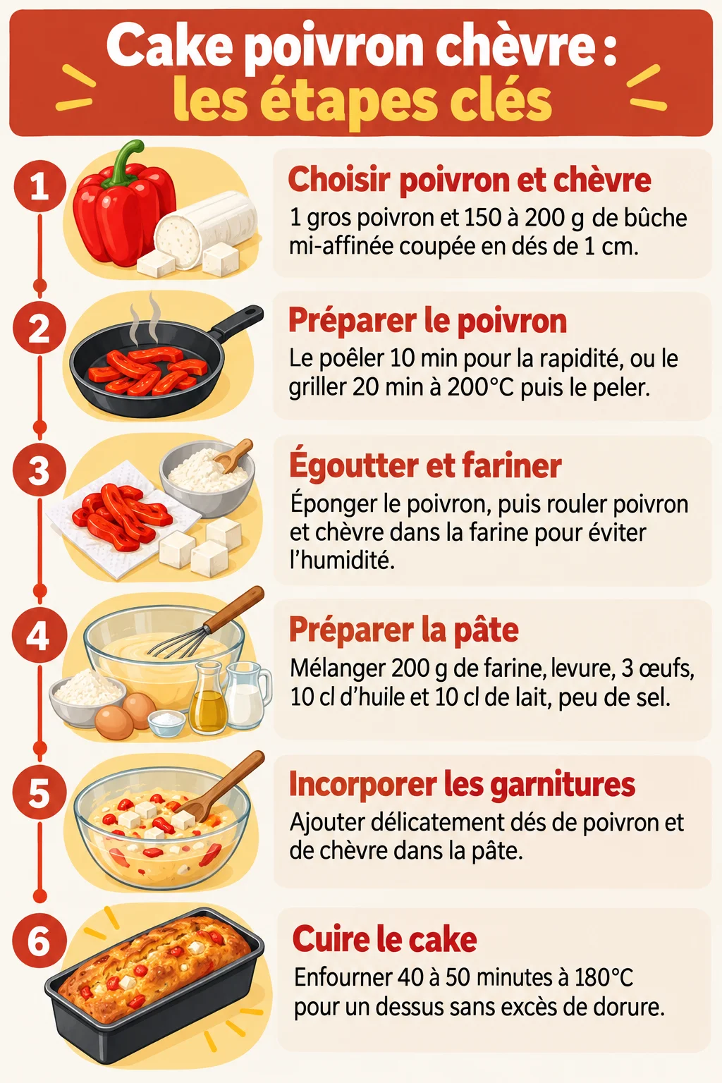Cake poivron chèvre : les étapes clés : 1. Choisir poivron et chèvre, 2. Préparer le poivron, 3. Égoutter et fariner, 4. Préparer la pâte, 5. Incorporer les garnitures, 6. Cuire le cake