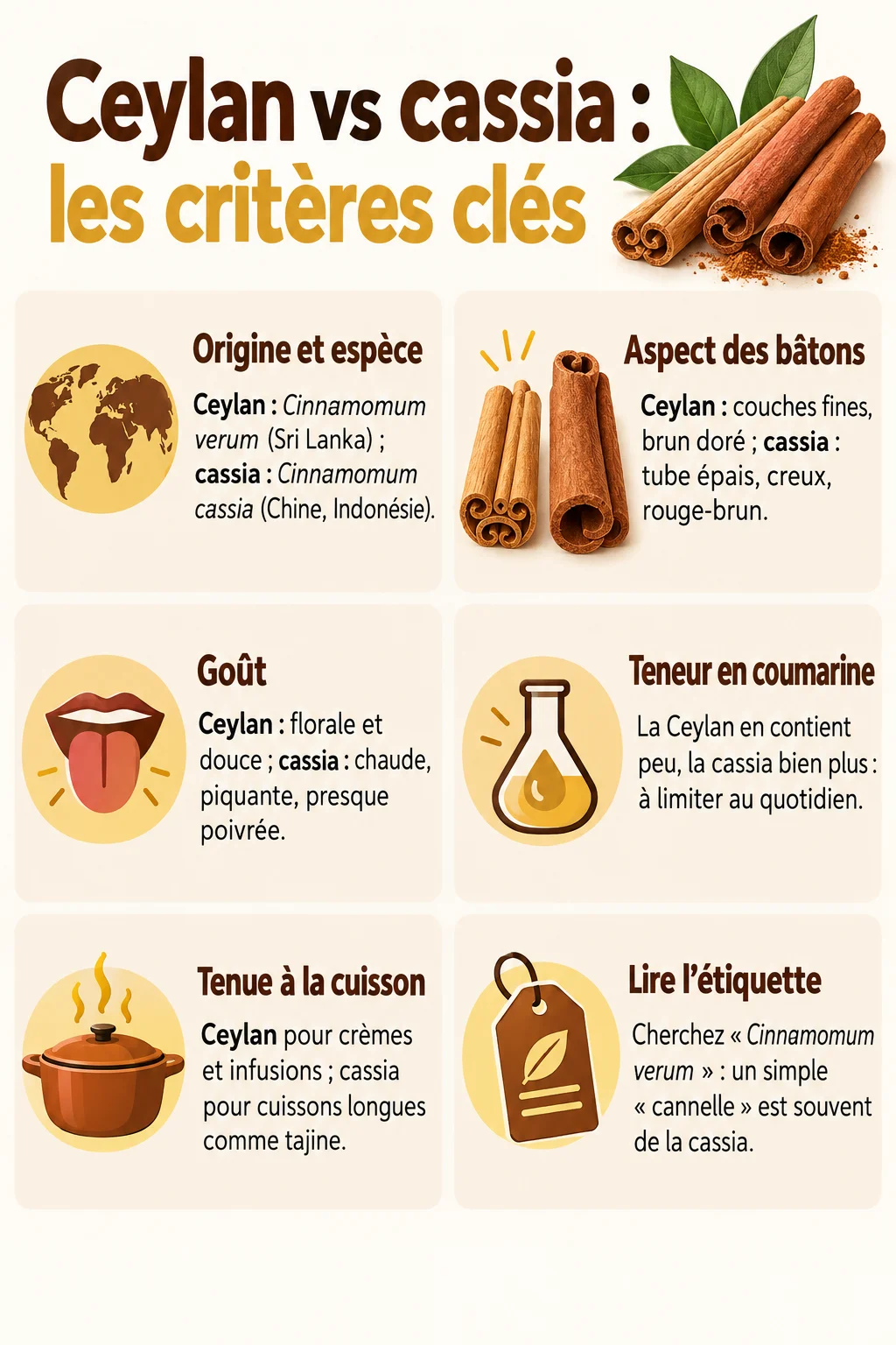 Ceylan vs cassia : les critères clés : Origine et espèce, Aspect des bâtons, Goût, Teneur en coumarine, Tenue à la cuisson, Lire l'étiquette