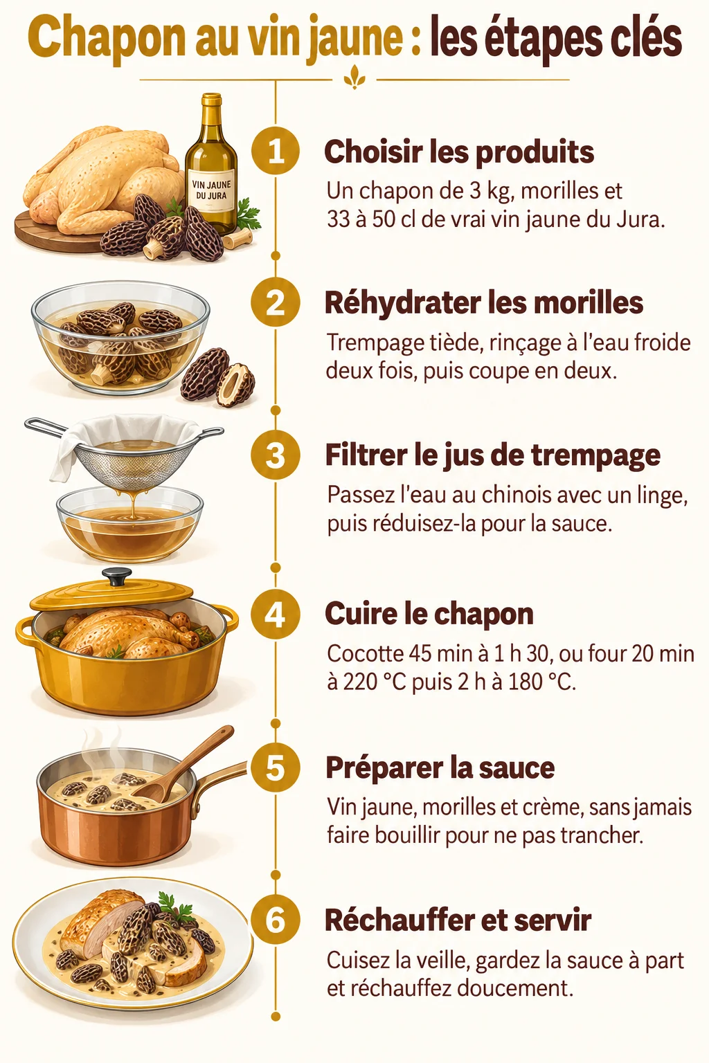Chapon au vin jaune : les étapes clés : 1. Choisir les produits, 2. Réhydrater les morilles, 3. Filtrer le jus de trempage, 4. Cuire le chapon, 5. Préparer la sauce, 6. Réchauffer et servir