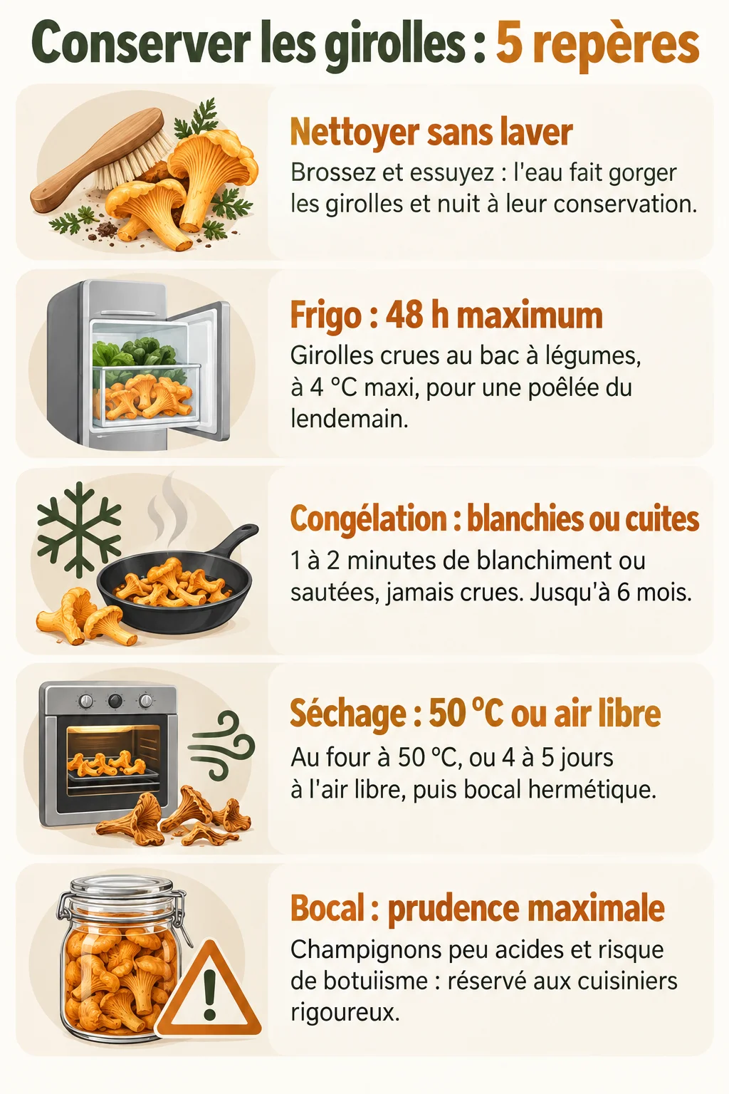 Conserver les girolles : 5 repères : Nettoyer sans laver, Frigo : 48 h maximum, Congélation : blanchies ou cuites, Séchage : 50 °C ou air libre, Bocal : prudence maximale
