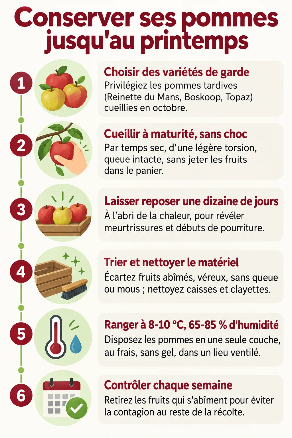 Conserver ses pommes jusqu'au printemps : 1. Choisir des variétés de garde, 2. Cueillir à maturité, sans choc, 3. Laisser reposer une dizaine de jours, 4. Trier et nettoyer le matériel, 5. Ranger à 8-10 °C, 65-85 % d'humidité, 6. Contrôler chaque semaine