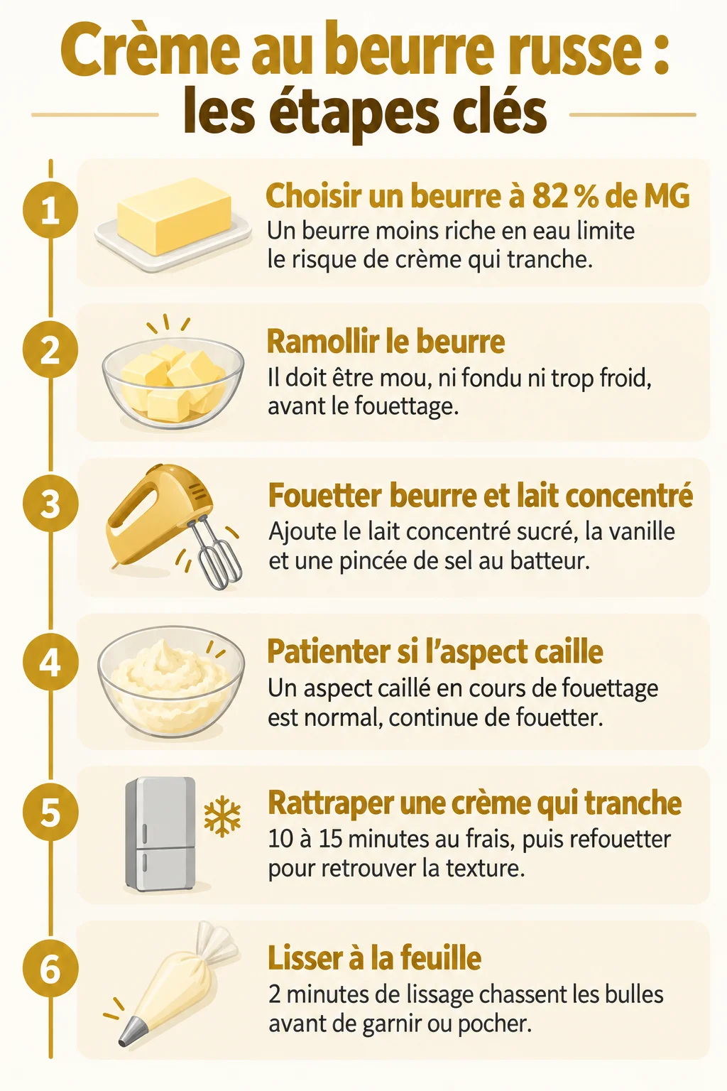 Crème au beurre russe : les étapes clés : 1. Choisir un beurre à 82 % de MG, 2. Ramollir le beurre, 3. Fouetter beurre et lait concentré, 4. Patienter si l'aspect caille, 5. Rattraper une crème qui tranche, 6. Lisser à la feuille