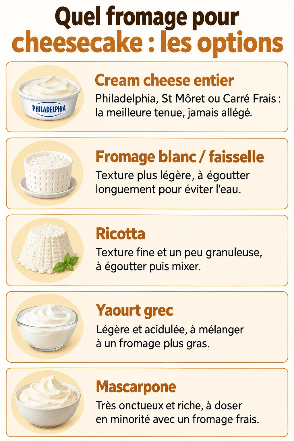 Quel fromage pour cheesecake : les options : Cream cheese entier, Fromage blanc / faisselle, Ricotta, Yaourt grec, Mascarpone