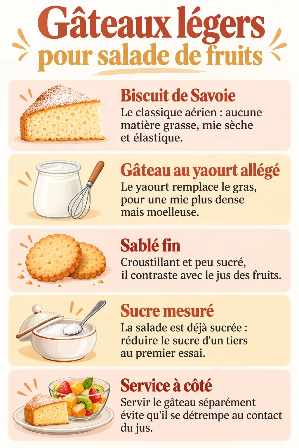 Gâteaux légers pour salade de fruits : Biscuit de Savoie, Gâteau au yaourt allégé, Sablé fin, Sucre mesuré, Service à côté