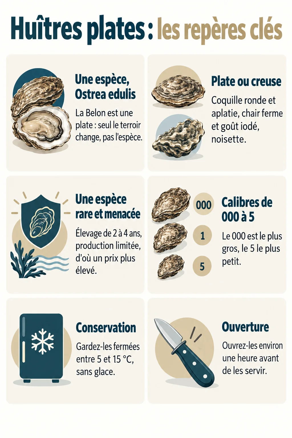 Huîtres plates : les repères clés : Une espèce, Ostrea edulis, Plate ou creuse, Une espèce rare et menacée, Calibres de 000 à 5, Conservation, Ouverture