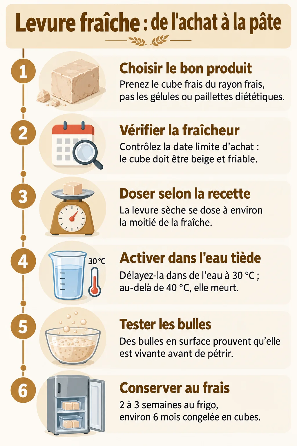 Levure fraîche : de l'achat à la pâte : 1. Choisir le bon produit, 2. Vérifier la fraîcheur, 3. Doser selon la recette, 4. Activer dans l'eau tiède, 5. Tester les bulles, 6. Conserver au frais