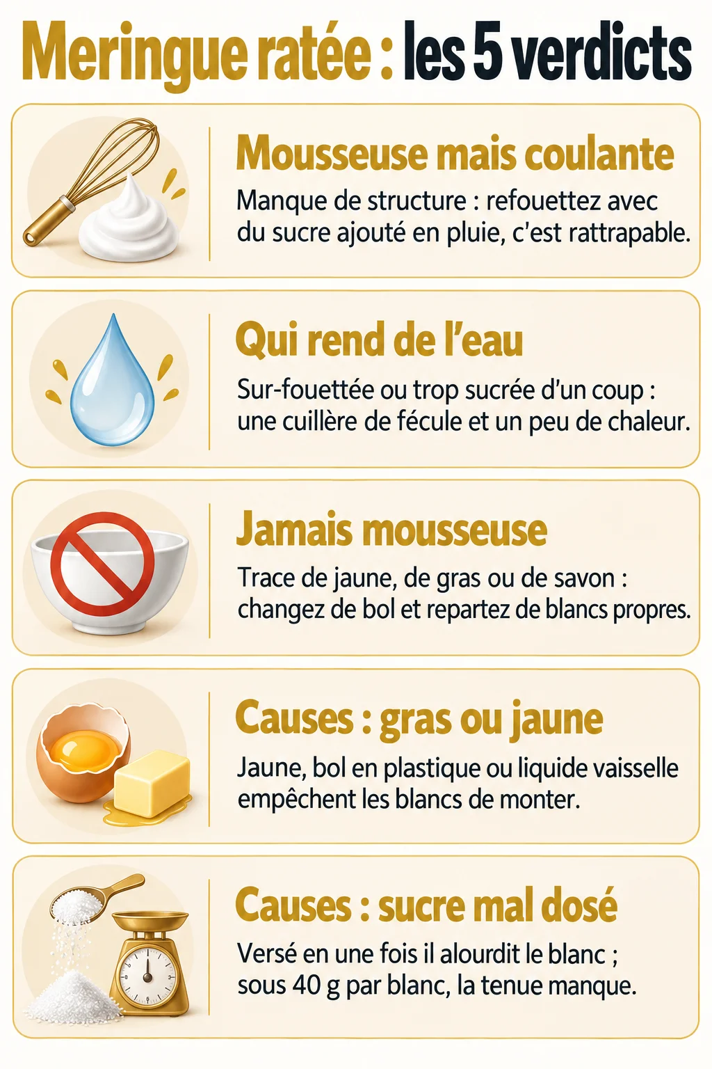 Meringue ratée : les 5 verdicts : Mousseuse mais coulante, Qui rend de l'eau, Jamais mousseuse, Causes : gras ou jaune, Causes : sucre mal dosé