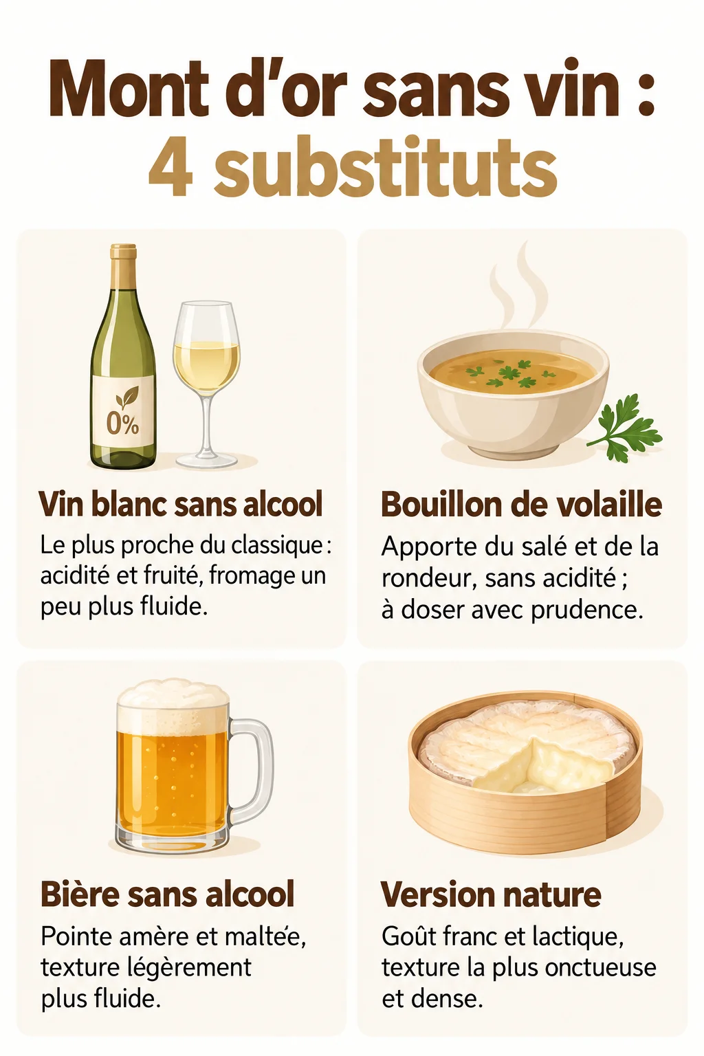 Mont d'or sans vin : 4 substituts : Vin blanc sans alcool, Bouillon de volaille, Bière sans alcool, Version nature