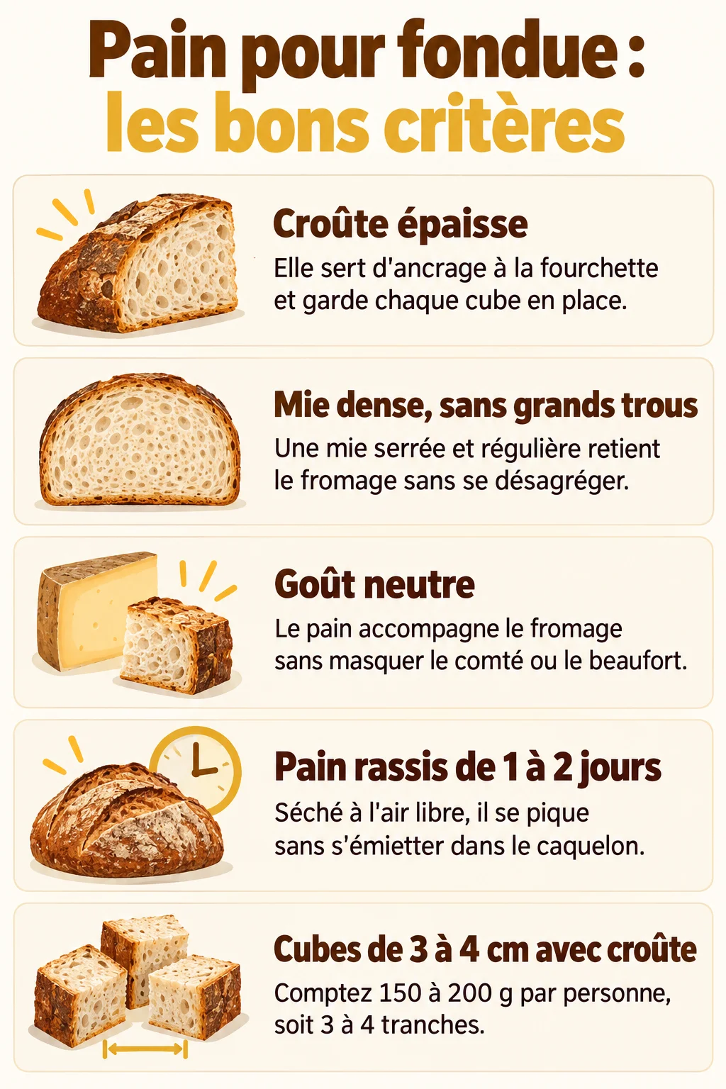 Pain pour fondue : les bons critères : Croûte épaisse, Mie dense, sans grands trous, Goût neutre, Pain rassis de 1 à 2 jours, Cubes de 3 à 4 cm avec croûte