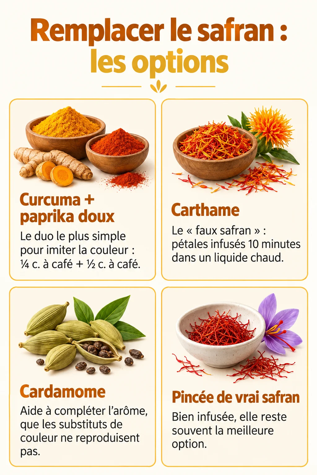 Remplacer le safran : les options : Curcuma + paprika doux, Carthame, Cardamome, Pincée de vrai safran