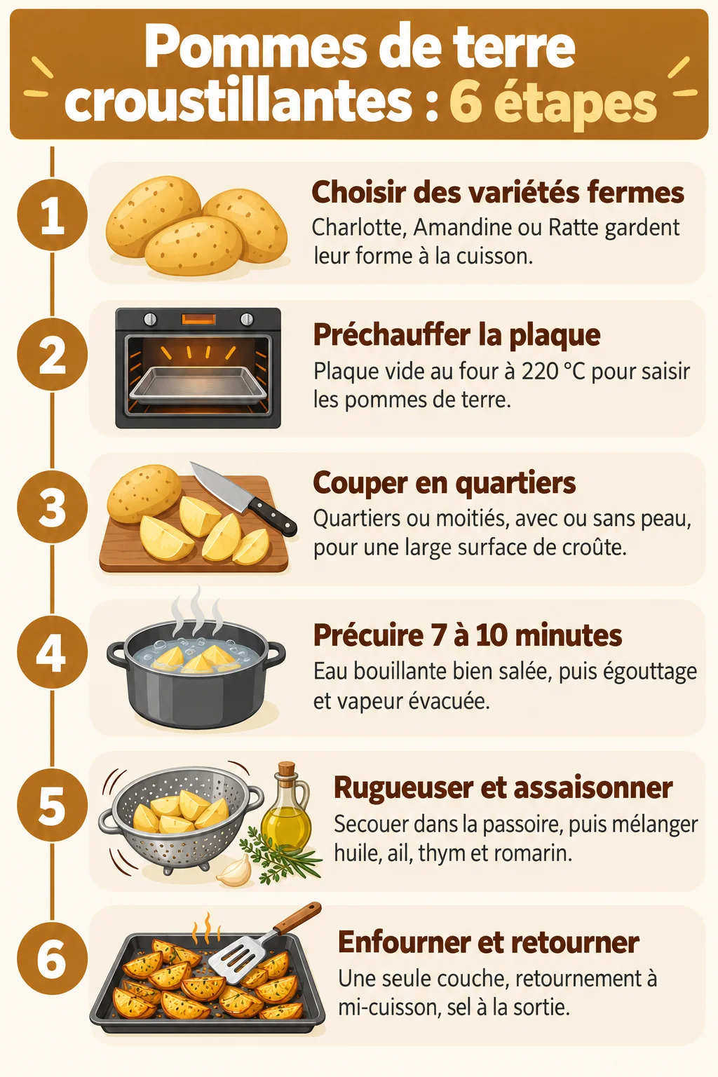 Pommes de terre croustillantes : 6 étapes : 1. Choisir des variétés fermes, 2. Préchauffer la plaque, 3. Couper en quartiers, 4. Précuire 7 à 10 minutes, 5. Rugueuser et assaisonner, 6. Enfourner et retourner