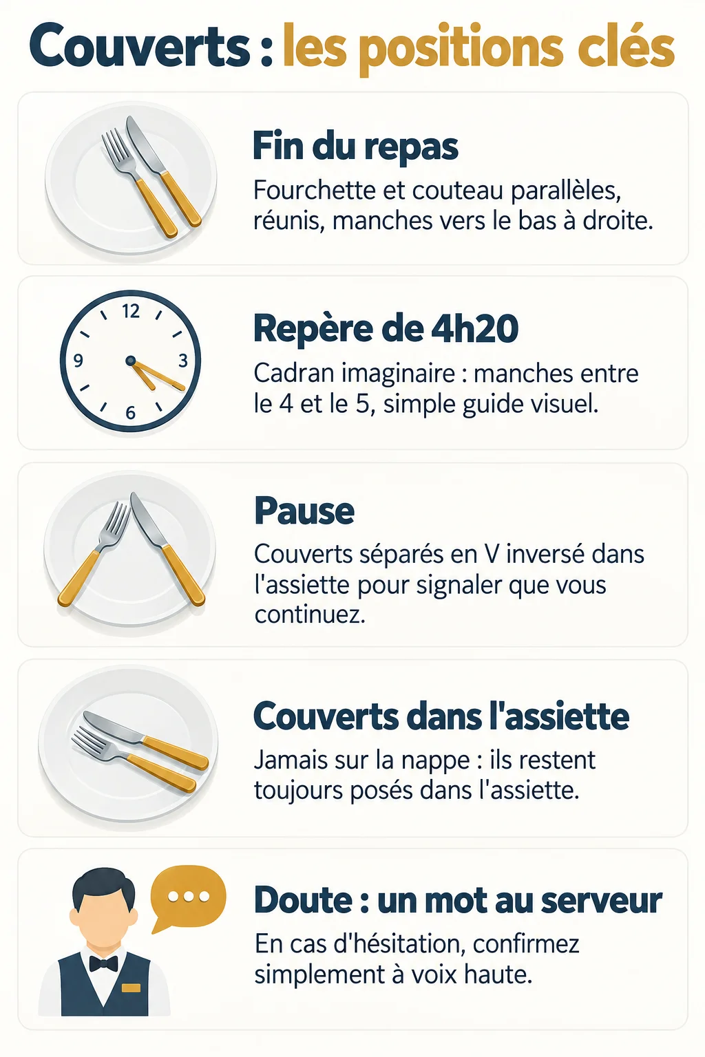 Couverts : les positions clés : Fin du repas, Repère de 4h20, Pause, Couverts dans l'assiette, Doute : un mot au serveur