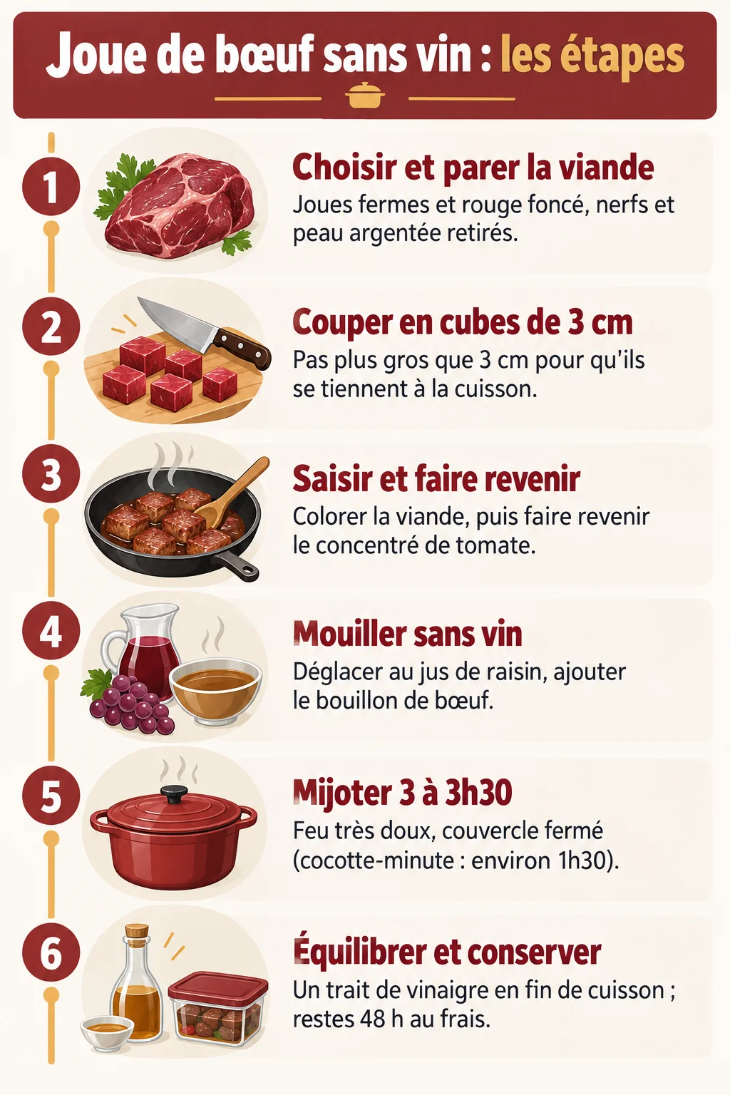 Joue de bœuf sans vin : les étapes : 1. Choisir et parer la viande, 2. Couper en cubes de 3 cm, 3. Saisir et faire revenir, 4. Mouiller sans vin, 5. Mijoter 3 à 3h30, 6. Équilibrer et conserver