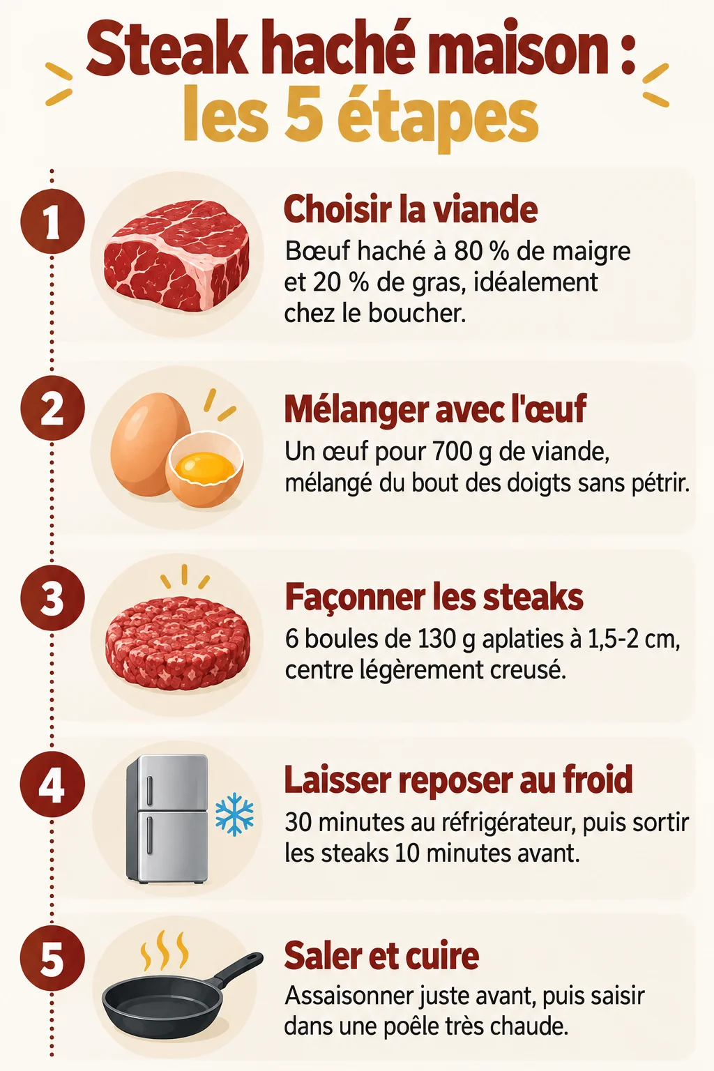 Steak haché maison : les 5 étapes : 1. Choisir la viande, 2. Mélanger avec l'œuf, 3. Façonner les steaks, 4. Laisser reposer au froid, 5. Saler et cuire