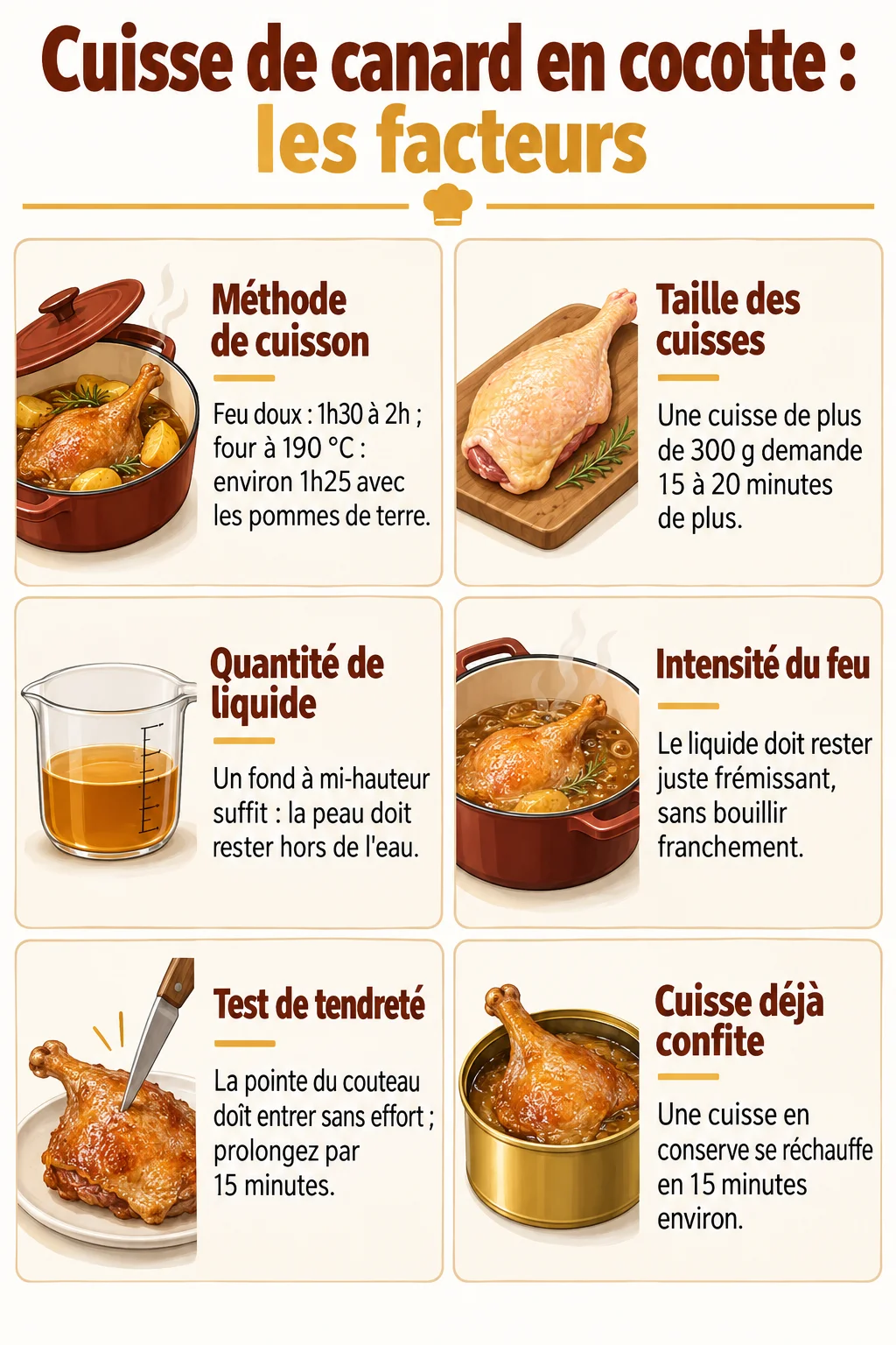 Cuisse de canard en cocotte : les facteurs : Méthode de cuisson, Taille des cuisses, Quantité de liquide, Intensité du feu, Test de tendreté, Cuisse déjà confite
