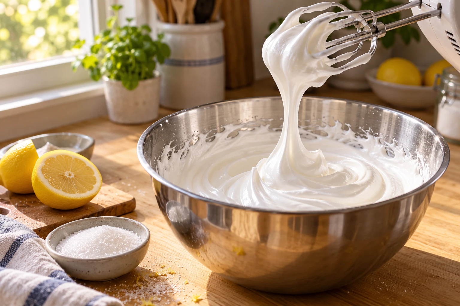 Bol en inox de meringue trop liquide qui coule du fouet, avec un citron et du sucre sur un plan de travail en bois