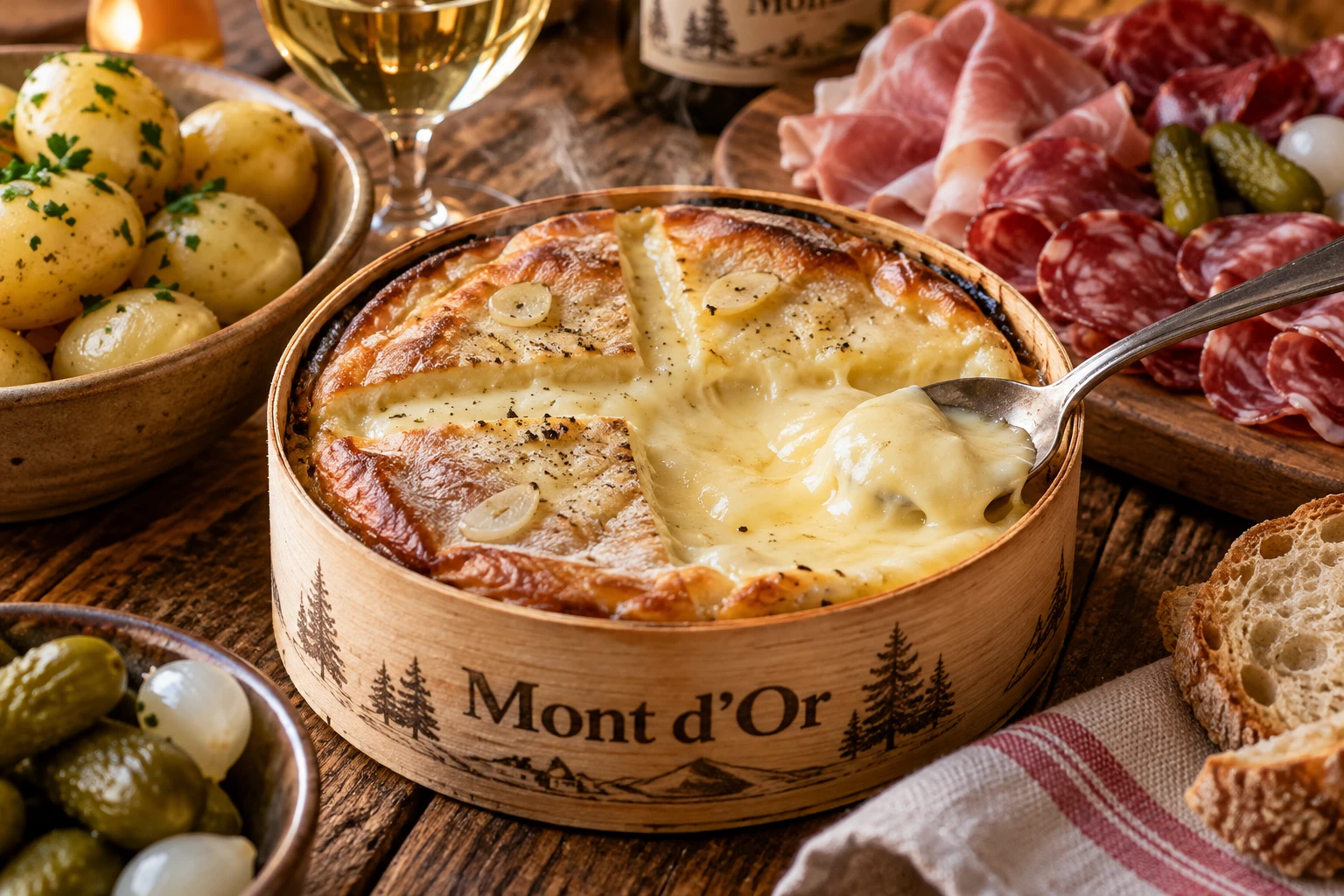 Mont d'or fondant au four dans sa boîte en bois, servi avec des pommes de terre et de la charcuterie