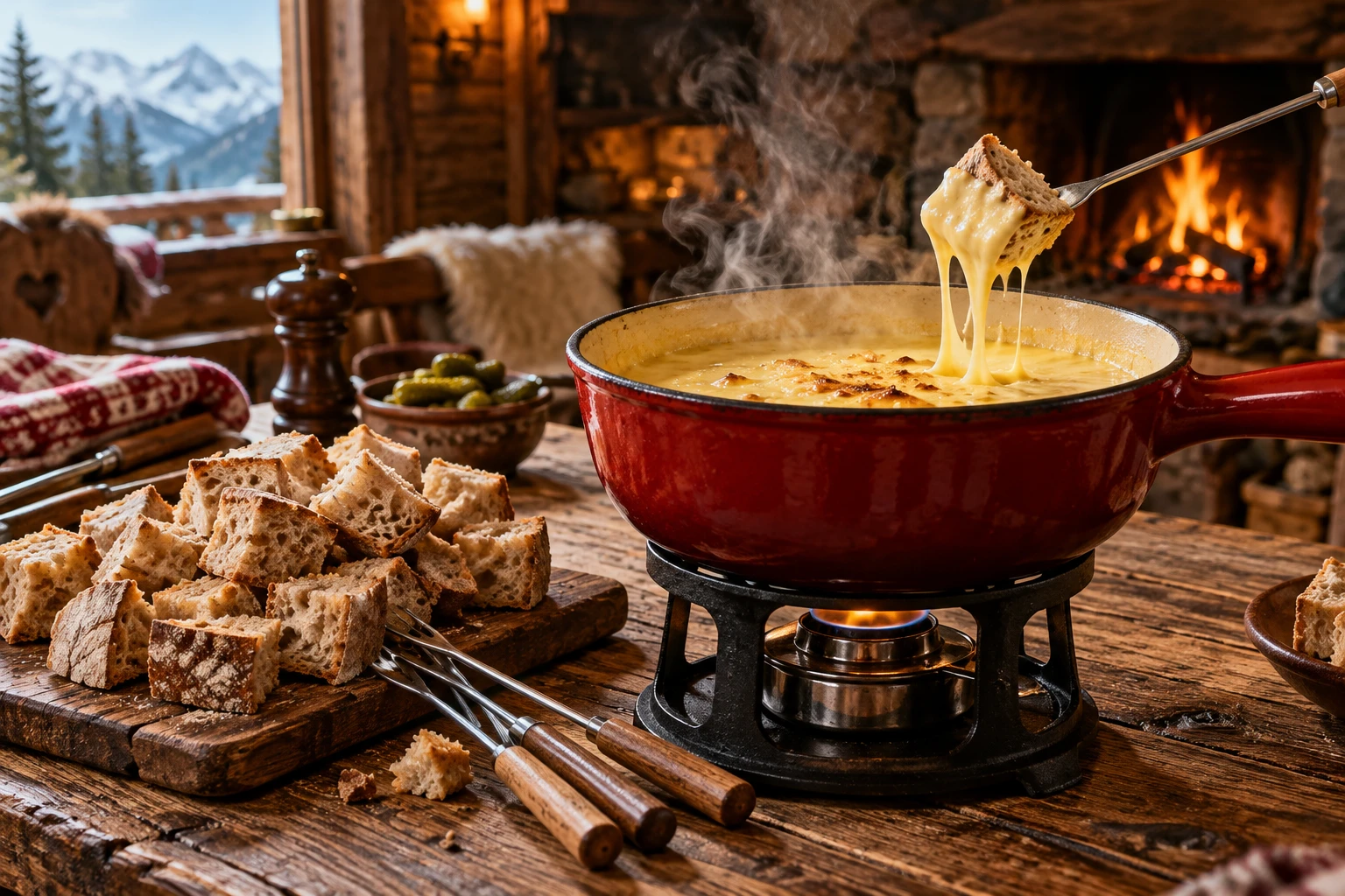 Cubes de pain de campagne rassis posés près d'un caquelon de fondue savoyarde