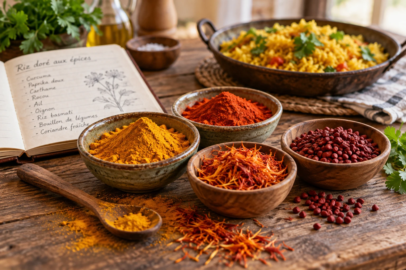 Bols de curcuma, paprika, carthame et rocou pour remplacer le safran sur une table en bois
