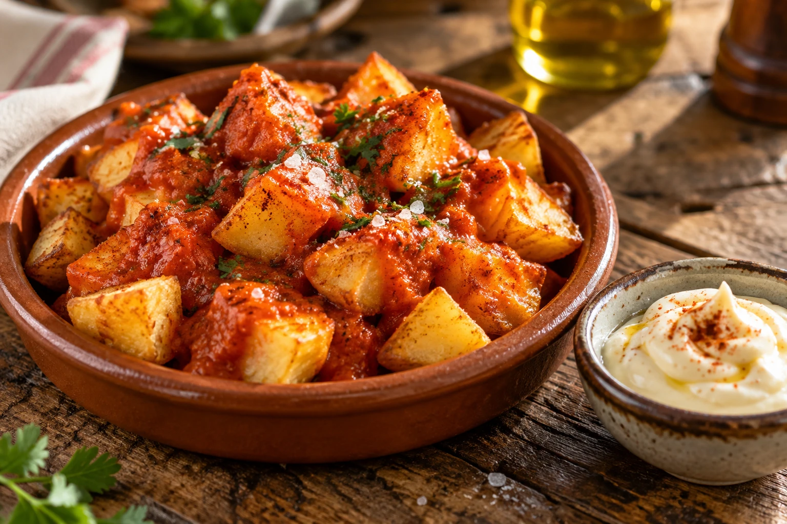 Assiette de patatas bravas nappées de sauce brava rouge avec un bol d'aïoli sur une table en bois