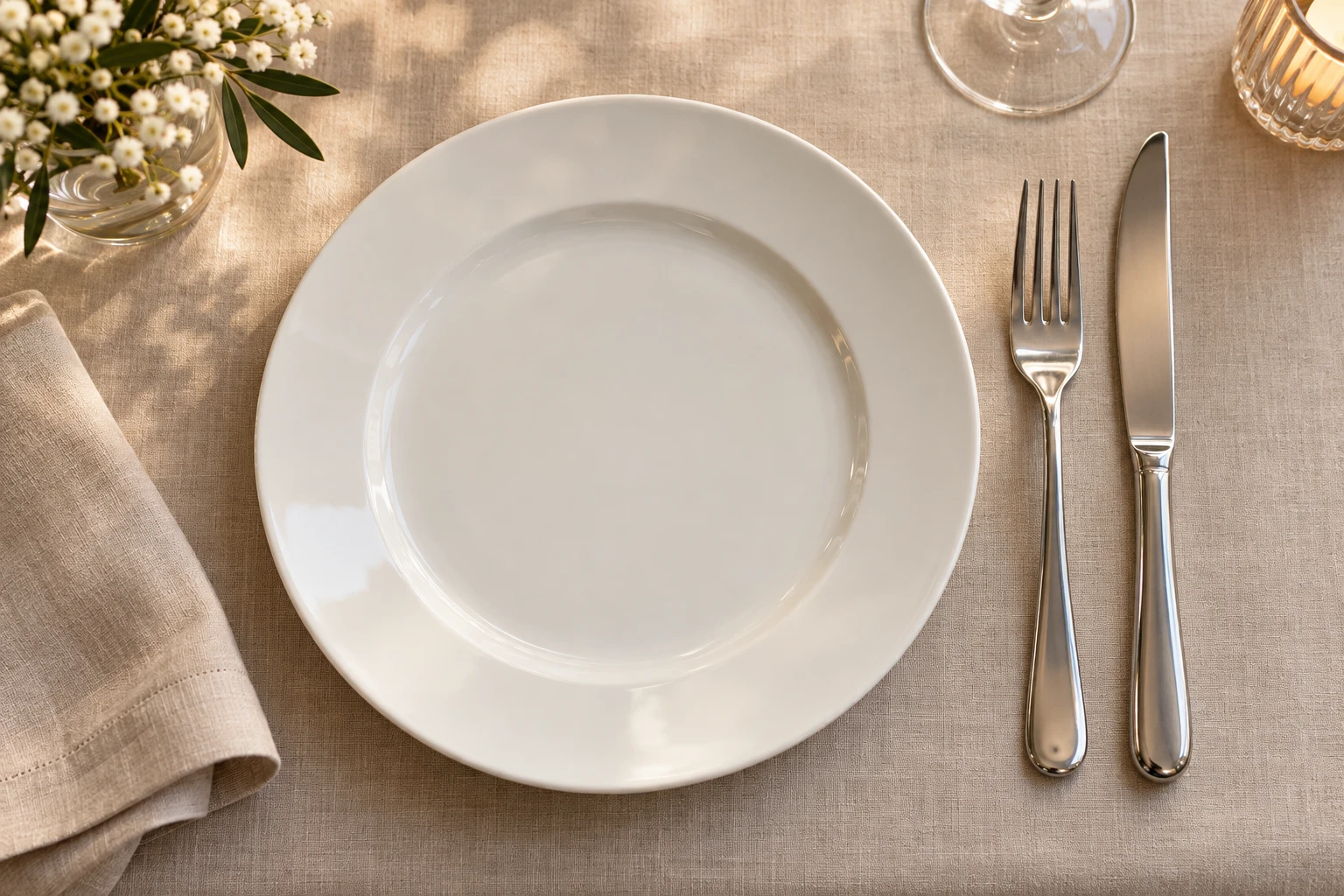 Fourchette et couteau parallèles dans une assiette blanche, signalant la fin du repas sur une nappe en lin