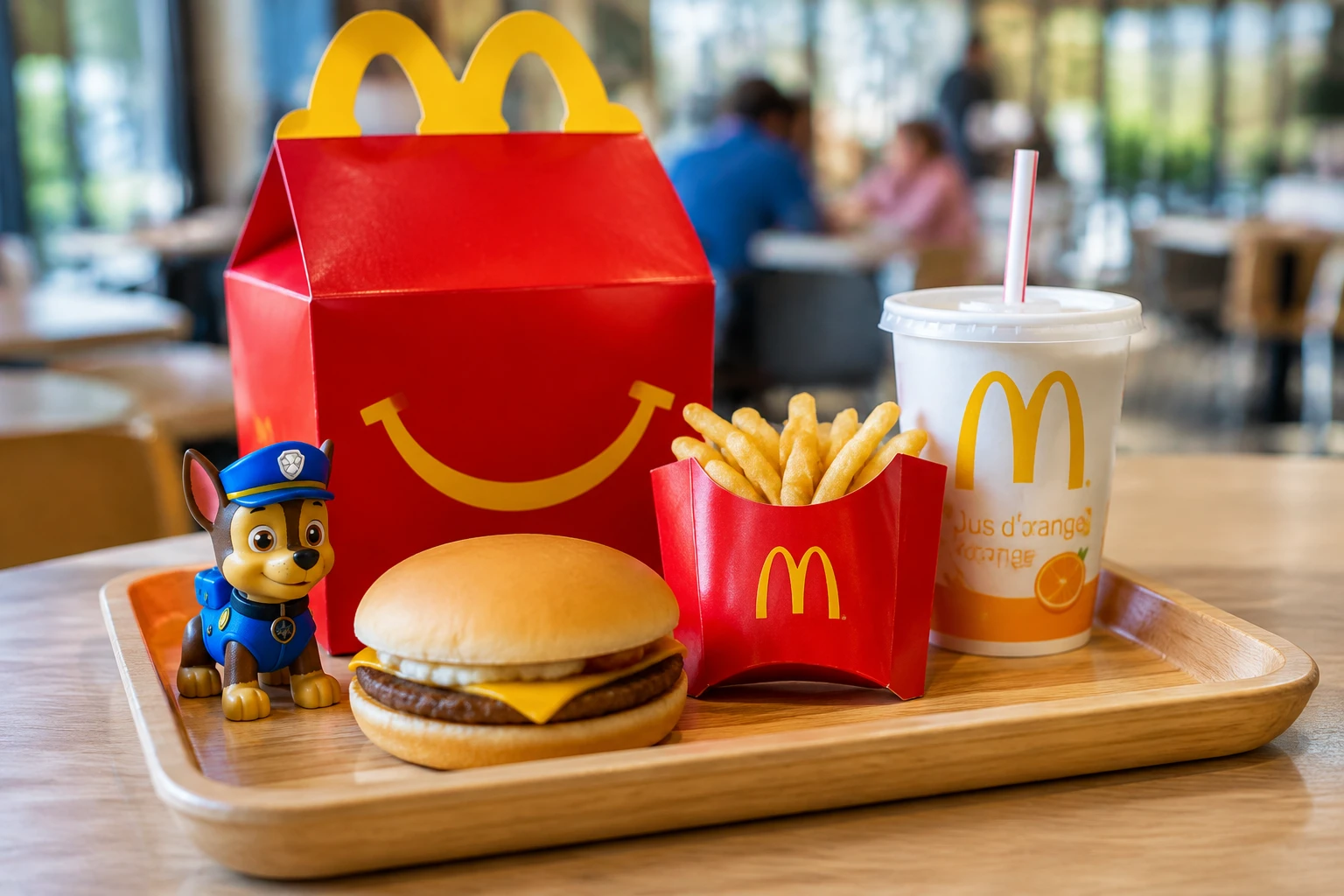 Happy Meal McDonald's avec burger, frites, boisson et jouet posés sur un plateau en bois
