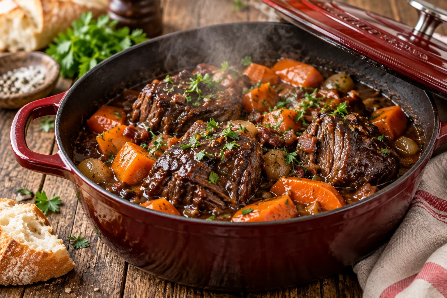 Cocotte de joues de boeuf mijotées aux carottes dans une sauce brillante sans vin