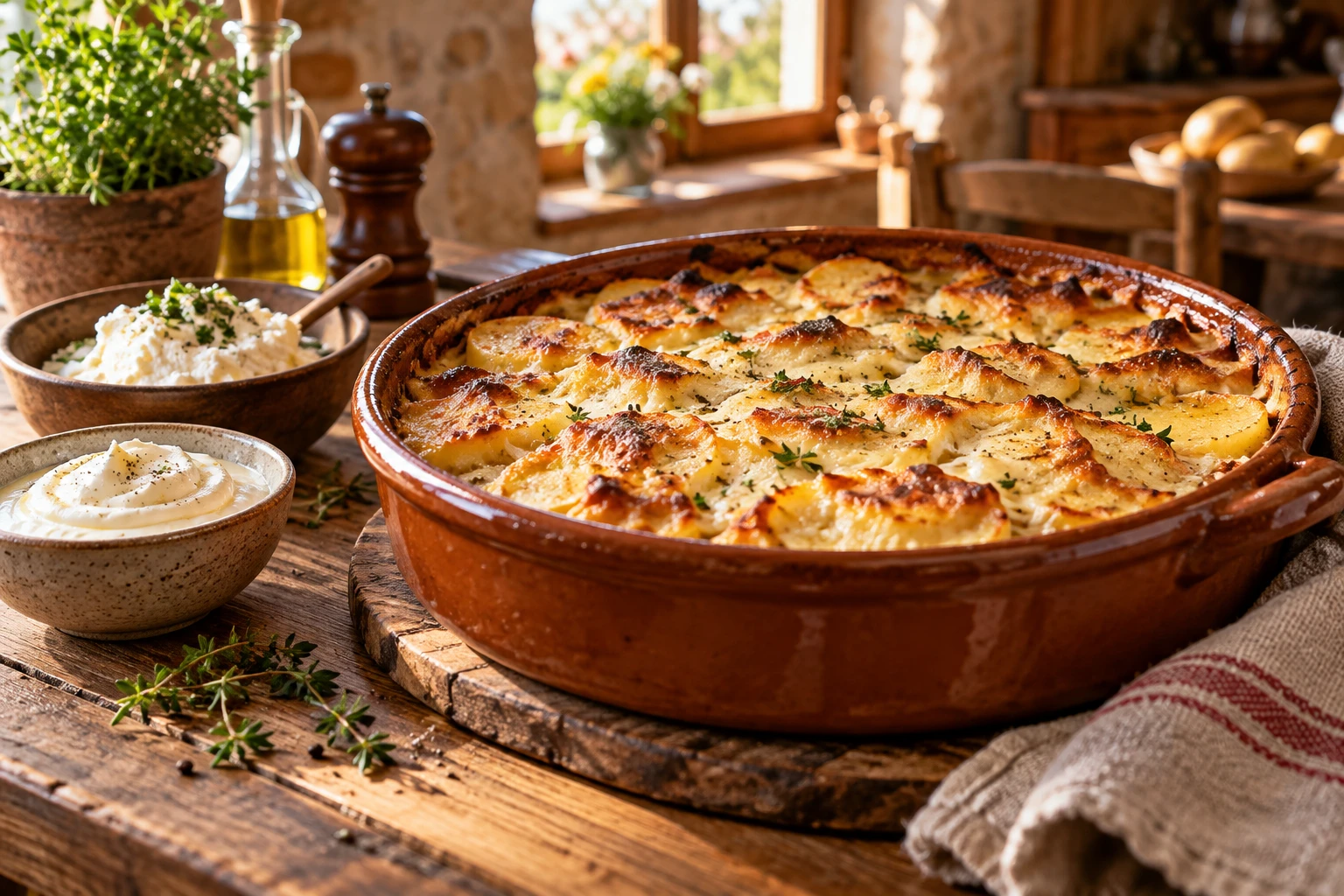 Gratin doré dans un plat en terre cuite avec bols de crème et de fromage blanc sur une table rustique