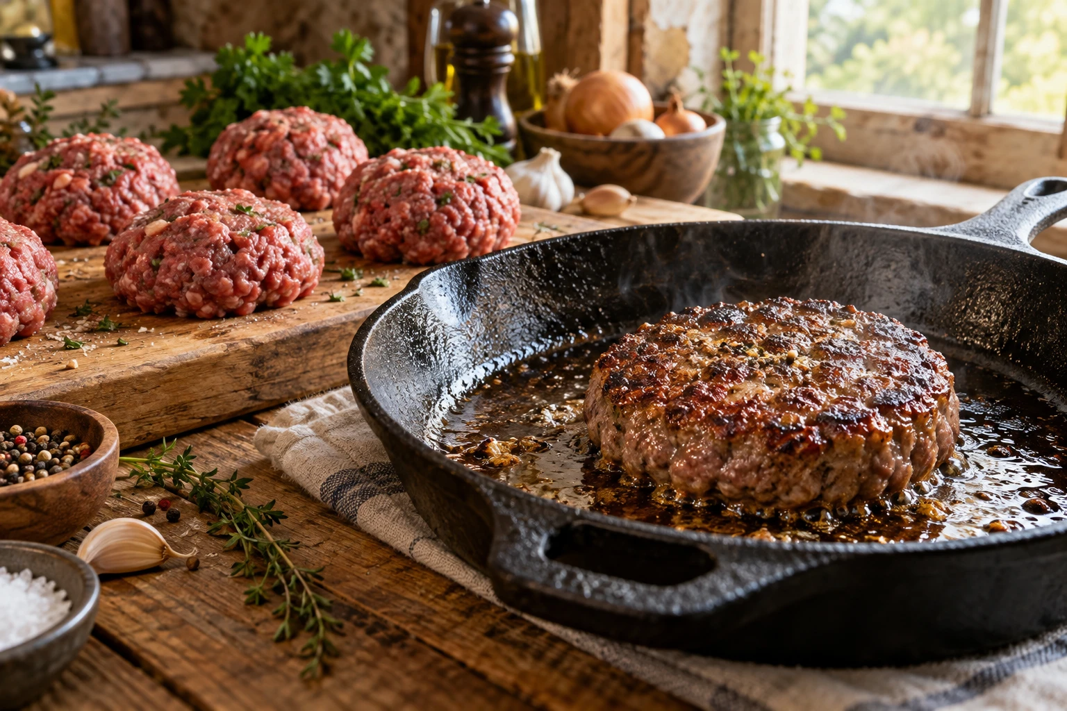 Steak haché maison doré dans une poêle en fonte, avec des boules de viande crue sur une planche en bois