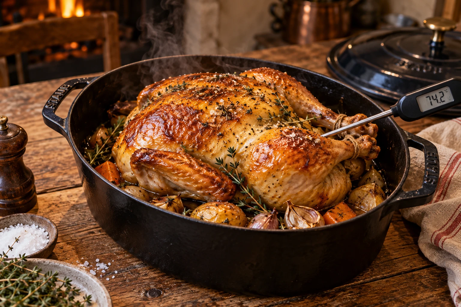 Chapon rôti doré dans une cocotte en fonte avec une sonde de cuisson dans la cuisse