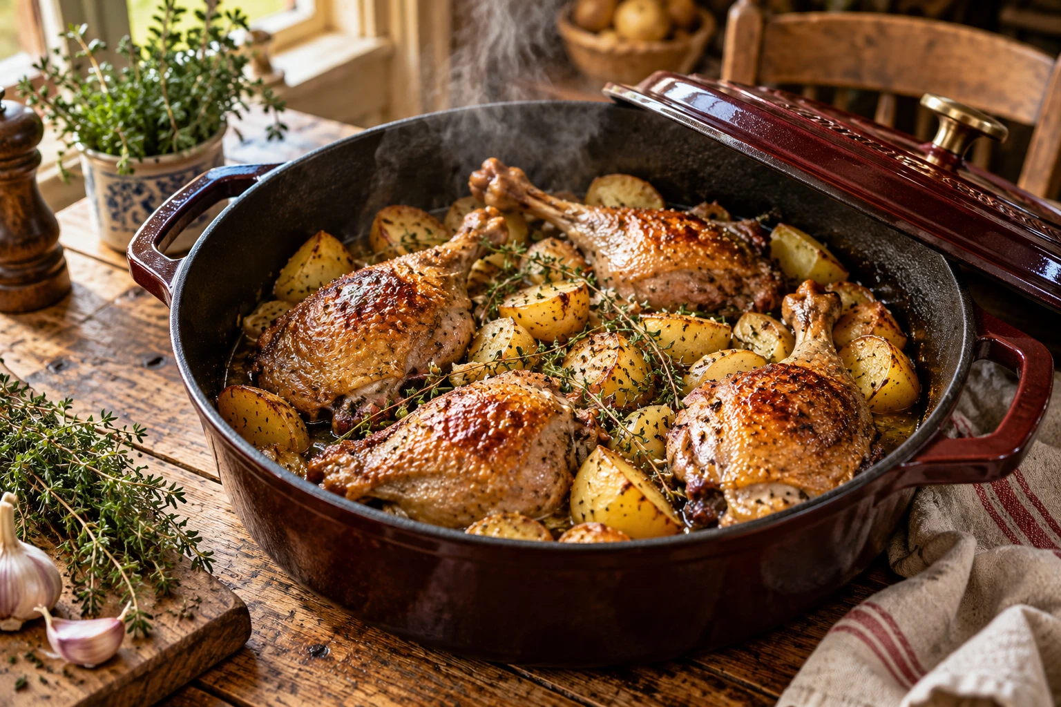 Cocotte en fonte avec des cuisses de canard dorées et des pommes de terre sur une table en bois rustique