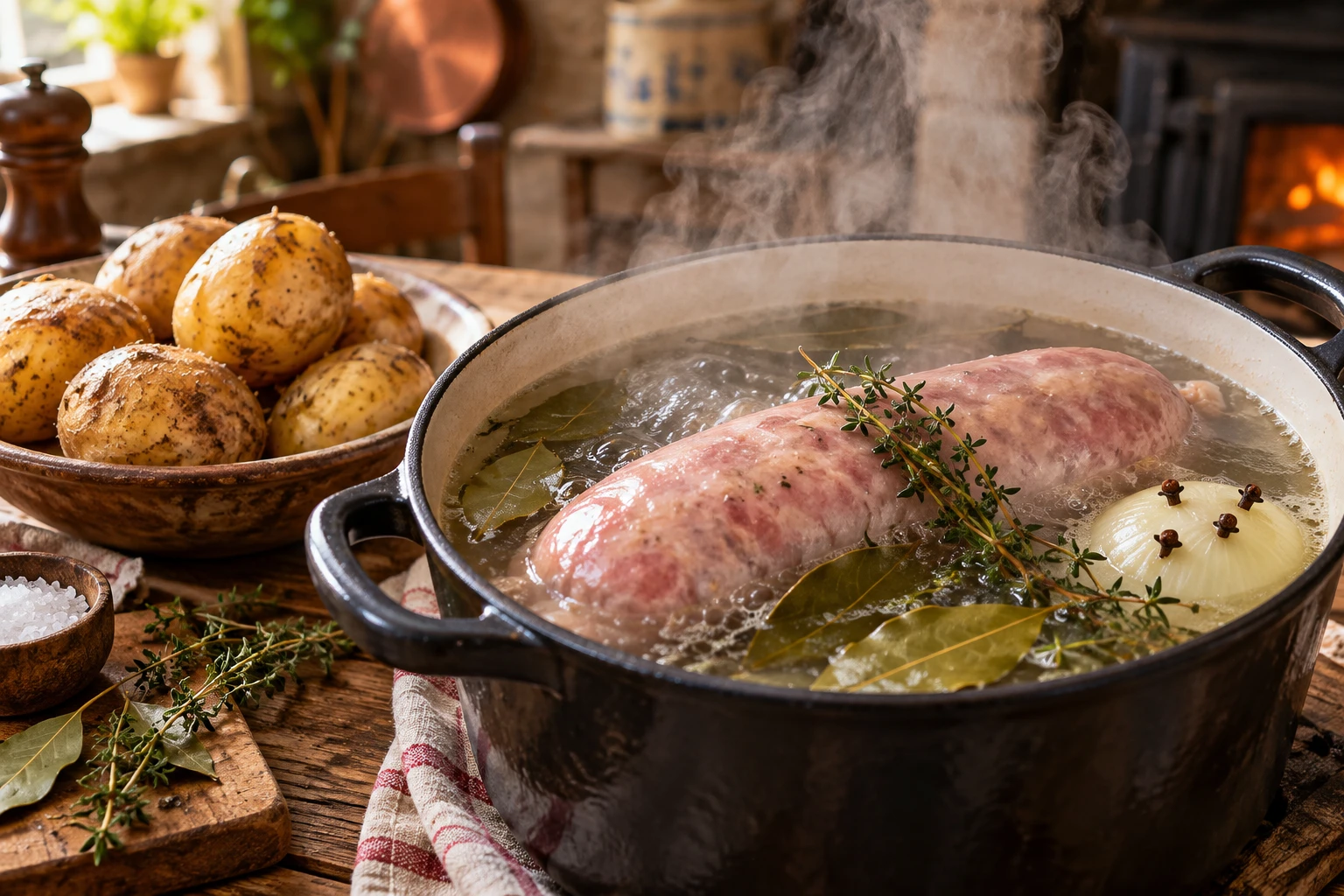 Saucisson à cuire frémissant dans une casserole avec aromates et pommes de terre en robe des champs sur une table en bois