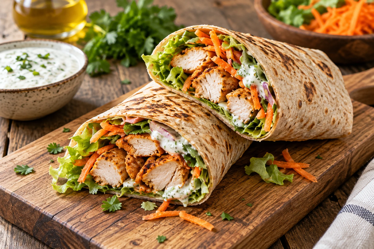 Deux wraps au poulet healthy coupés en deux sur une planche en bois, garnis de salade et de carotte